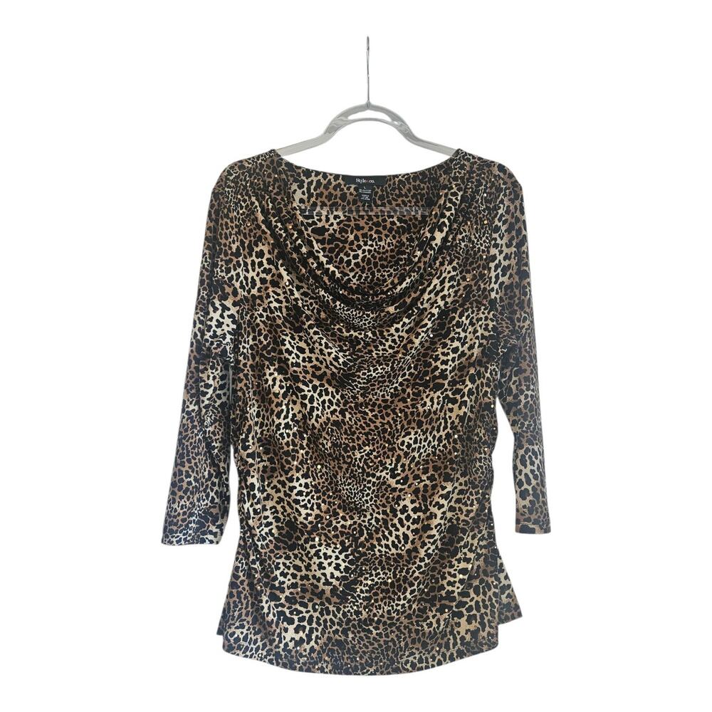 Style & Co Womens L Blouse Animal Print Sequins Drape Neck 3/4 Sleeve Stretch